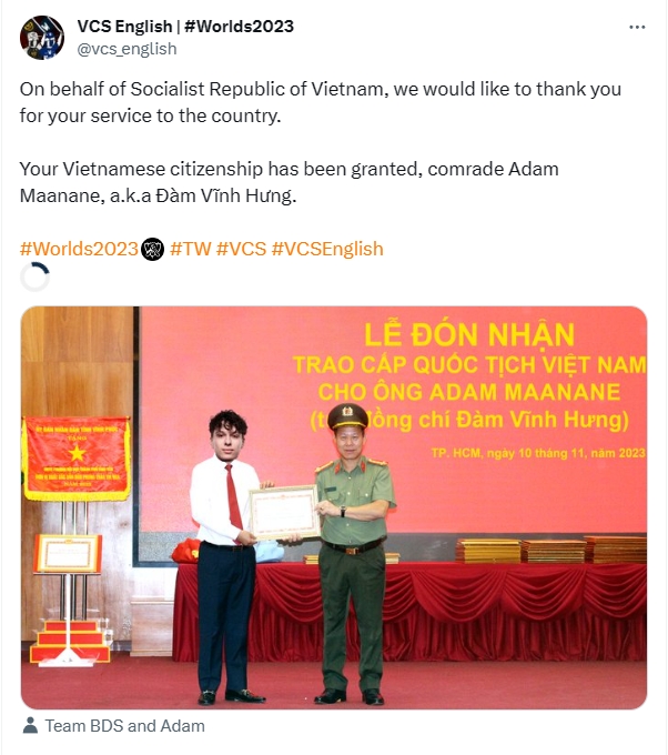 VCS官推整活：感谢BDS上单Adam做出的贡献并授予其越南国籍！