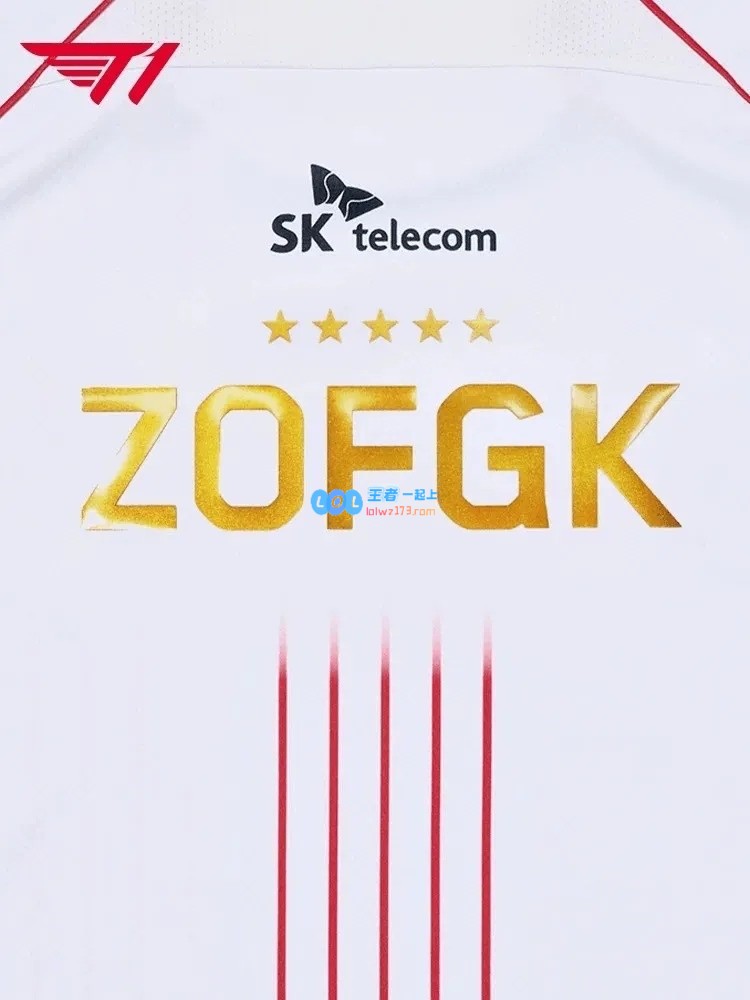 T1夺S冠五星纪念队服：ZOFGK五人组金色刺绣+S14宣传标语